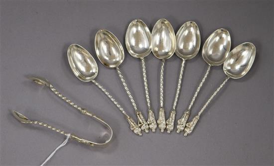 A set of six Victorian silver apostle coffee spoons and tongs, London, 1889/90